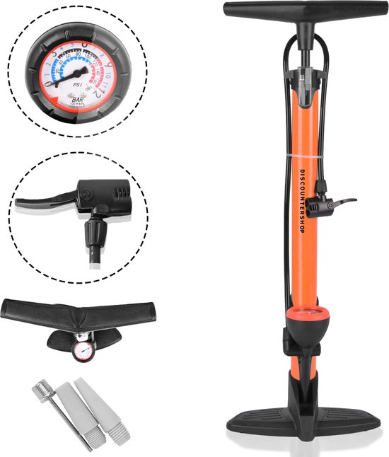 Fietspomp met drukmeter 12 Bar Inclusief Adapters Voor Verschillende Ventielen Bike Pump FietsPomp - Staande fietspomp - Oranje van Merkloos