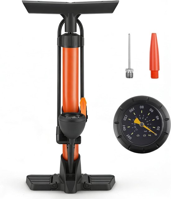 Fietspomp met meter - Bandenpomp - Banden Oppompen - Handmatige Bediening - 44 cm - Oranje