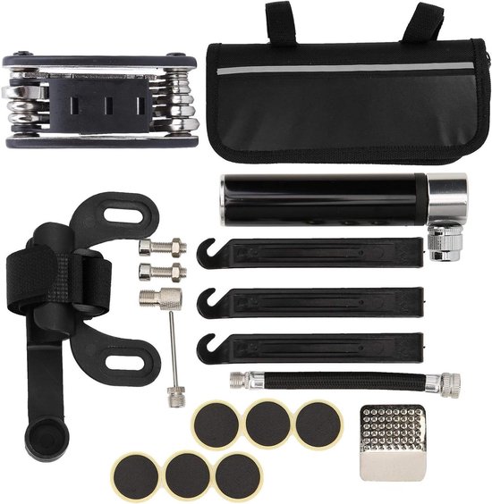 Fietsreparatie Set - Bandenpomp Kit - Onderweg Fietsen - 120 PSI Hoge Druk - 16-in-1 - Zwart