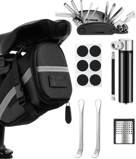 Fietsreparatieset met Zadel Tas - 16-in-1 Fietsset + 120 PSI Mini Fietspomp - Onderweg Gereedschap Reparatieset voor Fiets, MTB, Racefiets - Zwart - 1 Set van Merkloos