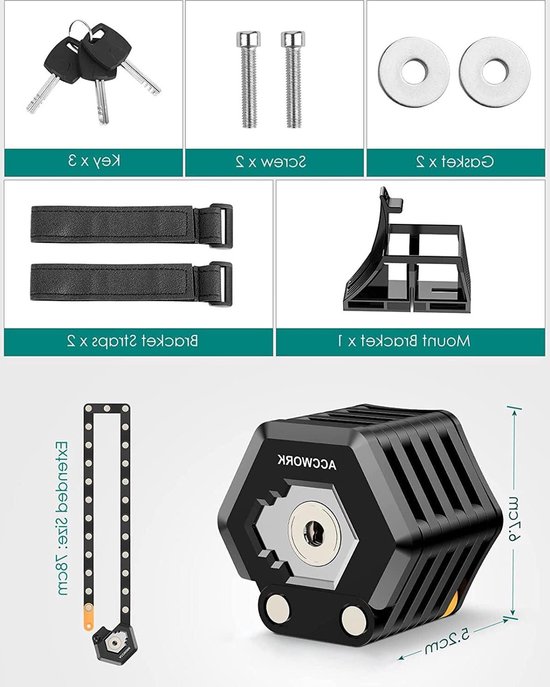 Fietsslot vouwslot met houder - Accwork sleutel en 3 sleutels e-scooterslot - mountainbike-racefiets-BMX-MTB 85 cm van Accwork