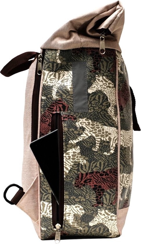 Fietstas (éénzijdig) - Rugzak - Combi 2 in 1 - Dierenprint (safari) - 15 liter - Waterafstotend zeildoek - Met zijreflectoren - Met Klickfix Vario haken, traploos verstelbaar - Lengte 14 cm - Breedte 30 cm - Hoogte 35 cm - Handgemaakt van Fietstas