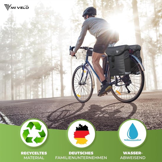Fietstas van gerecycled materiaal - dubbele tas voor bagagedrager - 36 liter inclusief regenbescherming - MIK & Racktime adapter - MIVELO Double Bicycle Bag van MIVELO