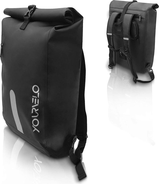 Fietstas voor Bagagedrager, met Laptopvak, 25 liter inhoud, 100% waterdicht, Zwart, te gebruiken als Bagagedragertas en rugzak van Fietstas