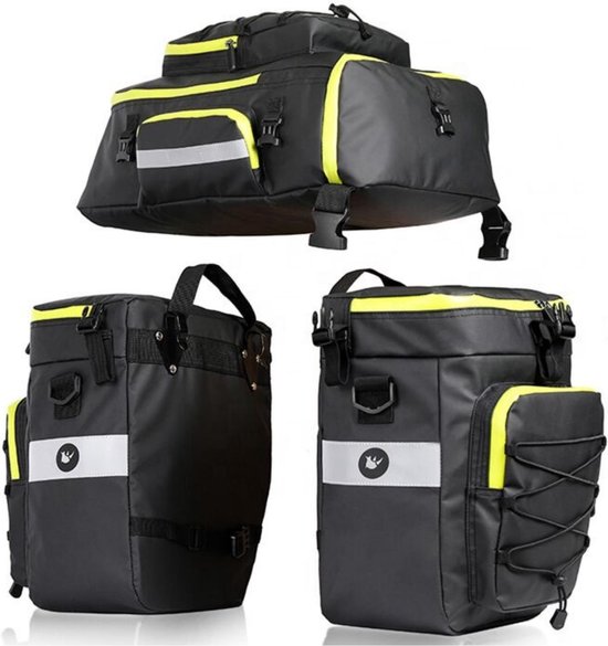 Fietstassen dubbel Rugzak Fietstas Rugtas Bagagedrager Fiets Regenhoes Zwart Groen 60L - RHINOWALK® van Rhinowalk®