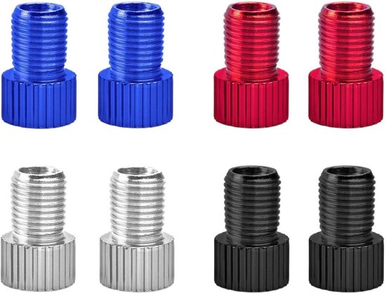 Fietsventieladapters - Frans ventiel adapters - Fietsbanden oppompen - Geïntegreerde afdichtingen - 8 stuks - Zwart zilver rood blauw