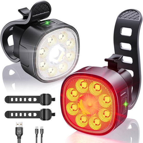 Fietsverlichting - Fietslamp Set - Led Fietslamp - Koplamp Fiets - Fietslampjes - Fietslichten - Fiets Koplamp - Led Fietslampjes Rood En Wit - Voorlicht / Achterlicht - 8+7 Lichtstanden - Ip65 Waterdicht - Led Fietslamp Set - Usb-C Oplaadbaar