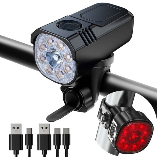 Fietsverlichting – Koplamp voor racefiets – Veiligheidsachterlicht – Set voor en achter – Duurzame aluminiumlegering – 7 standen – USB-oplaadbaar – IP65 waterdicht – Zwart