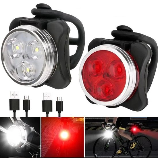 Fietsverlichting - LED Fietslamp Set - Oplaadbare fietslampjes - Voorlicht / Achterlicht - Rood en Wit - Fietslicht Koplamp - Waterbestendig - Voor Nachtelijk Fietsen, Wandelen en Noodverlichting