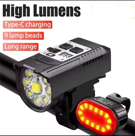 Fietsverlichting Set 1000LM – 9 LED Voorlamp + Slimme Achterlamp – USB Oplaadbaar – Waterdicht – Automatische Sensor – Super Helder Veiligheidslicht