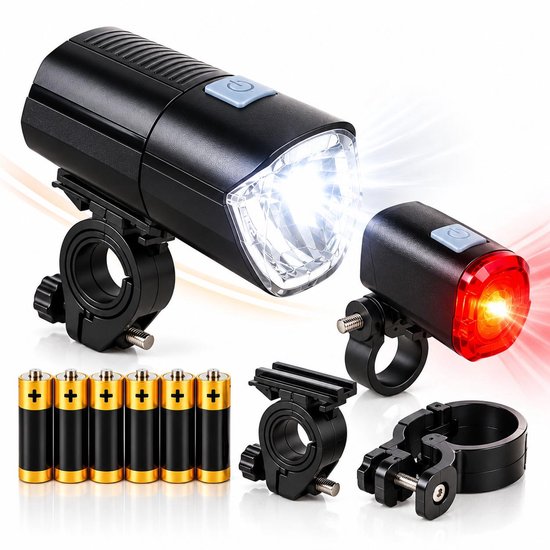 Fietsverlichting Set - Voorlicht & Achterlicht - 3 Lichtsterktes - Bereik tot 100 Meter - Inclusief 6 Baterijen