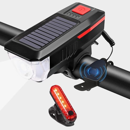 Fietsverlichting Set Zonne energie - Met Ingebouwde Fietsbel - Solar & USB Oplaadbare - Multifunctionele Fietslicht - Waterdicht - Fietslampjes Voorlicht & Achterlicht - Fietslamp op zonne-energie - Voor racefiets, stadsfiets en elektrische fiets