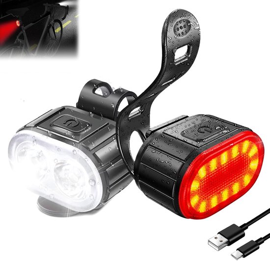Fietsverlichting - USB oplaadbaar - Dubbele standen (spotlight en breedstraler) - Kan zowel op de voor- als achterlamp worden gemonteerd - Verlichting voor nachtritten - Outdooruitrusting - Geschikt voor nachtritten - 2 stuks