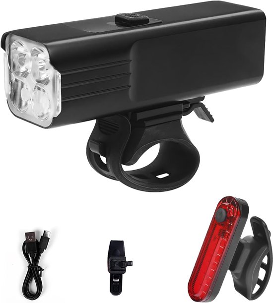 Fietsverlichtingsset LED - Oplaadbare Lampen - Veilig Fietsen - Waterdicht Ontwerp - 2000mAh Batterij - Zwart