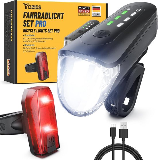 Fietsverlichtingsset met intelligent remlicht en automatische helderheidsregeling - USB-oplaadbaar, 80 lux, IPX5 waterdicht