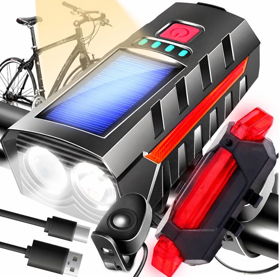 Fietsverlichtingsset Voor & Achter - 800 Lumen - Solar & USB Oplaadbaar - Met Claxon - IPX4 - LED Fietsverlichting