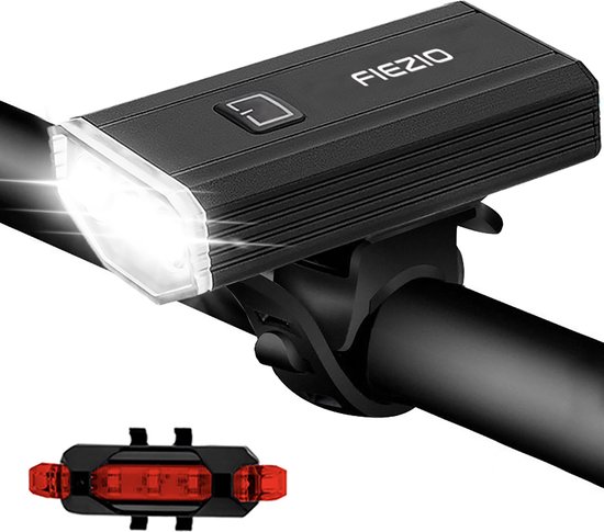 FIEZIO Fietsverlichting Set LED Fietslampen USB Oplaadbaar - Voorlicht / Achterlicht - Draagbaar - 1000 Lumen - IPX6 Waterproof - 2 Lampen - Zwart