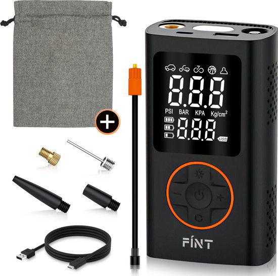 FÍNT® Elektrische Fietspomp - Luchtcompressor - voor Fiets, Scooter, Motor en Auto - Elektrische Bandenpomp - Oplaadbaar & Draagbaar - Bandenpomp - Compressor - Tot 10.3 Bar - Incl. Opbergzakje en Powerbankfunctie - PRO van FÍNT®