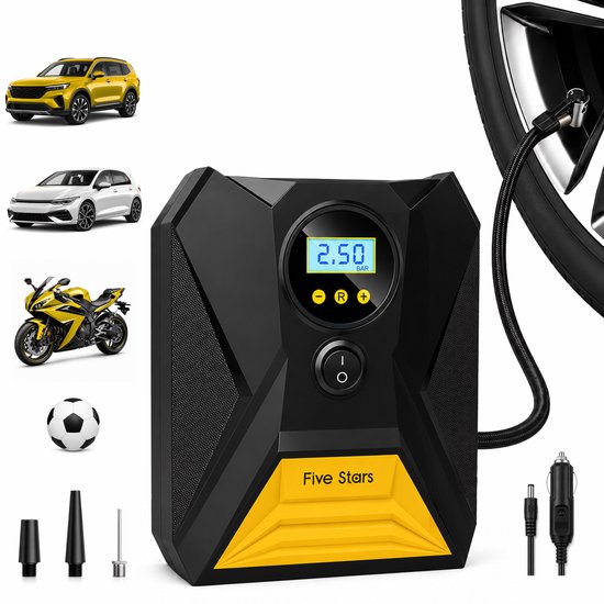 Five Stars® Compressor Bandenpomp - 12V - Draagbare Luchtcompressor - Elektrische Pomp - Voor Auto, Motor en Bal