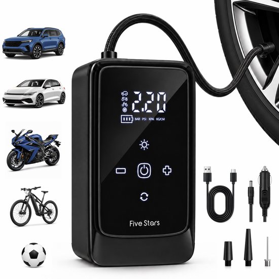 Five Stars® Compressor Bandenpomp - Draadloos & 12V - Draagbare Luchtcompressor - Voor Auto, Motor en Bal
