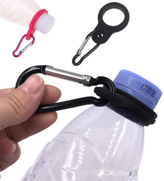 Flessenhouder I Waterfles Houder I Drinkfles Houder I Met Karabijnhaak I Siliconen Dop/Ring I Voor Kamperen, Wandelen, Festivals Etc. I Zwart van A.D.W. Trading