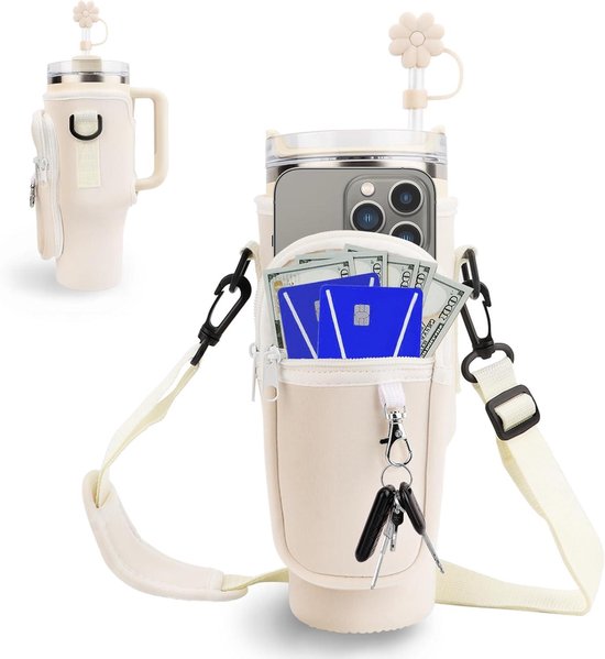 Flessenhouder met verstelbare schouderriem en telefoonvak voor wandelen en fitness - neopreen - wit - 100 ml.