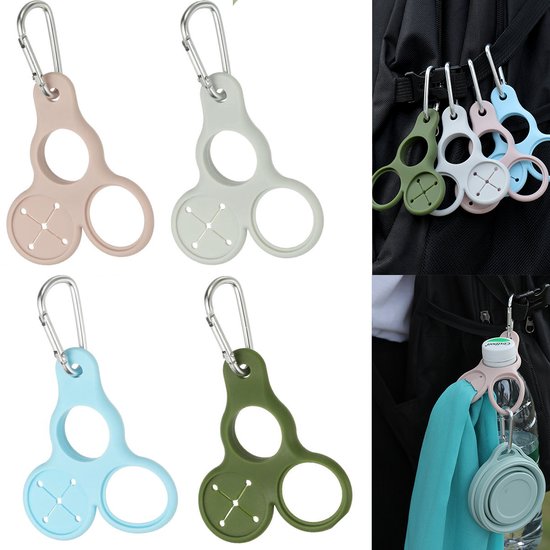 Flessenhouder - Siliconen Fles Houder - 4 stuks - Flessenhouders Set - Met D-ringhaak - siliconen haakclip - Fleshouder - Handdoekhaak - met Ophangclip- Sleutelhanger en Handdoeklus - Geschikt voor 2 Flessen – Ideaal voor Outdoor- Kamperen- Wandelen