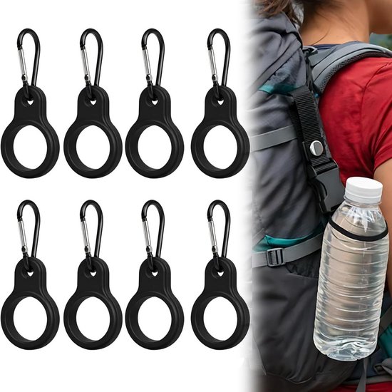 Flessenhouder - Siliconen Fles Houder - 8 stuks - Met Karabijnhaak - Drinkfleshouder - Waterfles houder - Outdoor – Hiken - Siliconen Dop/Ring - Zwart