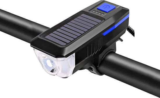 FlinQ Solar Fietsverlichting - Oplaadbare USB Led Fietslamp - Inclusief bel - Waterdicht - 3 Lichtstanden - Zwart/Blauw