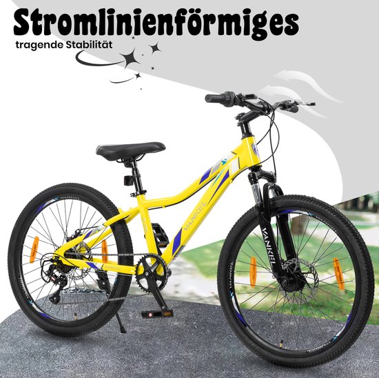 FloraGrace Kinderfiets - 24 Inch - 6 Versnellingen - Koolstofstaal - Geel - Voor Jongens En Meisjes - Met Voorvorkvering En Schijfremmen