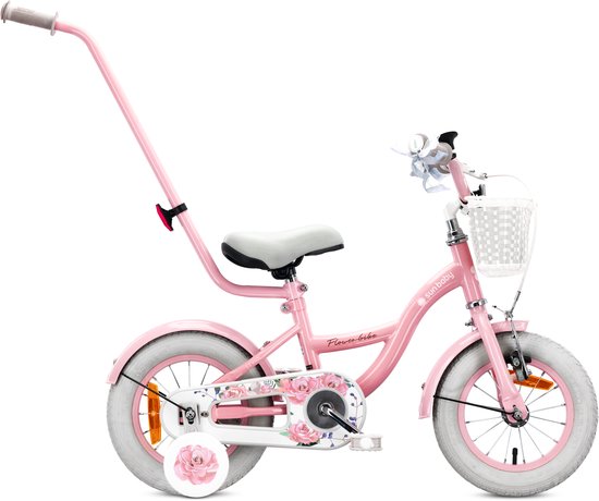 Flower Bike Fiets voor een meisje van 2 tot 4 jaar, 12 inch Roze, met fietsbel, zijwieltjes, duwstang en stuurmandje van Merkloos