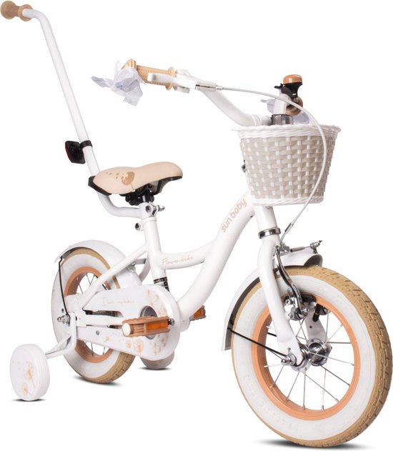 Flower Bike Fiets voor een meisje van 2 tot 4 jaar, 12 inch Wit Beige, met fietsbel, zijwieltjes, duwstang en stuurmandje van Merkloos