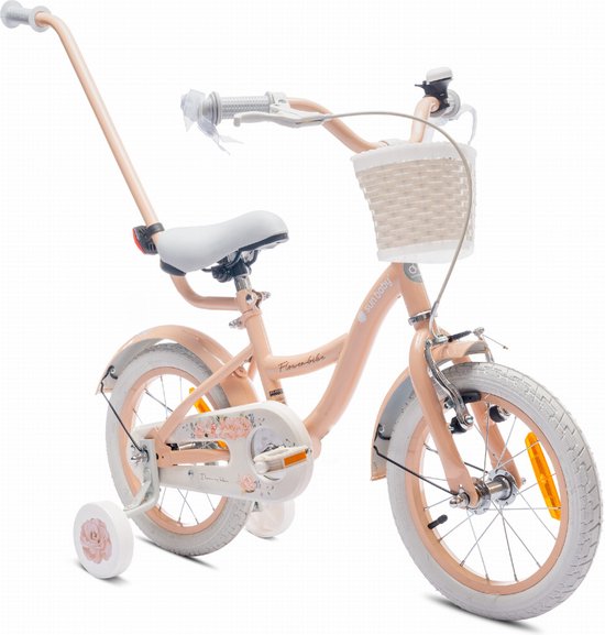 Flower Bike Fiets voor een meisje van 3 tot 5 jaar, 14 inch Abrikoos, met fietsbel, zijwieltjes, duwstang en stuurmandje van Volare
