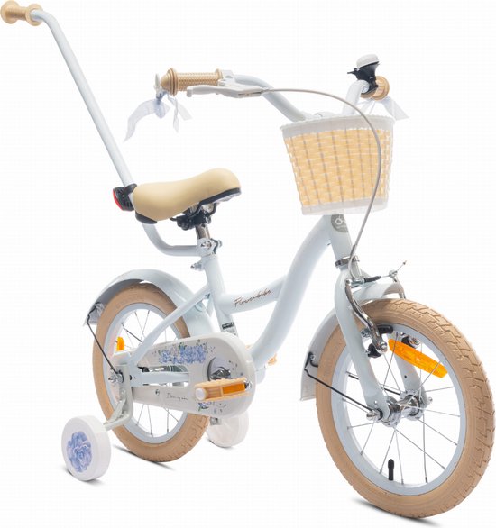 Flower Bike Fiets voor een meisje van 3 tot 5 jaar, 14 inch Baby blue, met fietsbel, zijwieltjes, duwstang en stuurmandje van Popal