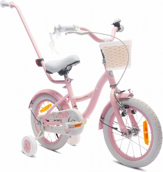 Flower Bike Fiets voor een meisje van 3 tot 5 jaar, 14 inch Roze, met fietsbel, zijwieltjes, duwstang en stuurmandje van Toimsa