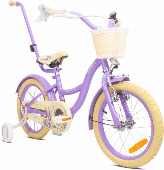 Flower Bike Fiets voor een meisje van 3 tot 5 jaar, 16 inch Lavendel, met fietsbel, zijwieltjes, duwstang en stuurmandje van Qplay