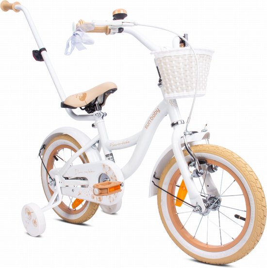 Flower Bike Fiets voor een meisje van 4 tot 6 jaar, 14 inch Wit Beig, met fietsbel, zijwieltjes, duwstang en stuurmandje van Popal