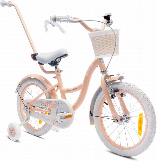Flower Bike Fiets voor een meisje van 4 tot 6 jaar, 16 inch Abrikoos, met fietsbel, zijwieltjes, duwstang en stuurmandje van Flower Bike