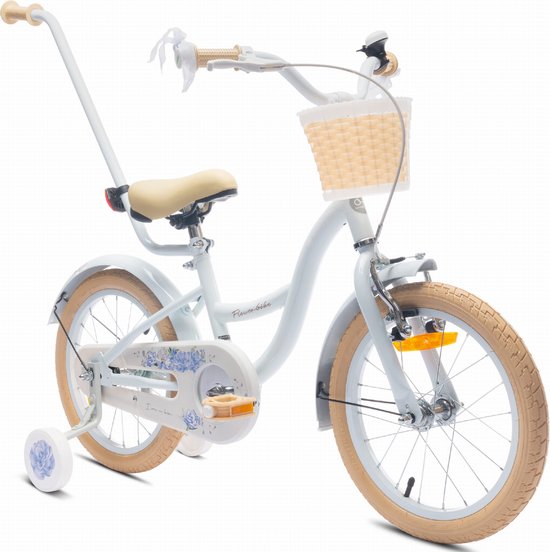 Flower Bike Fiets voor een meisje van 4 tot 6 jaar, 16 inch Baby blue, met fietsbel, zijwieltjes, duwstang en stuurmandje van Toimsa