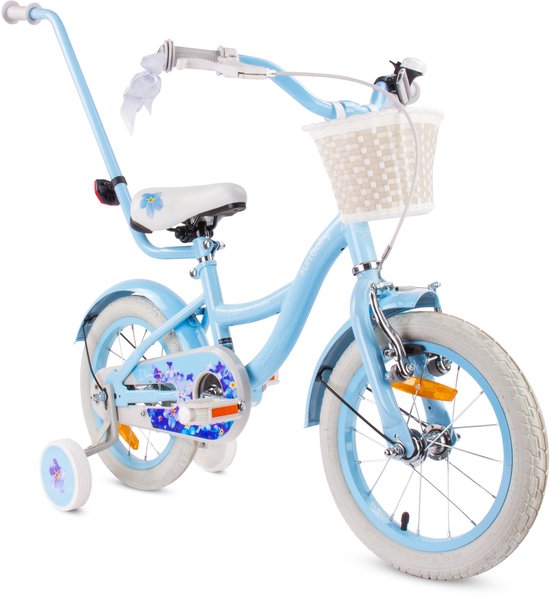 Flower Bike Fiets voor een meisje van 4 tot 6 jaar, 16 inch Blauw, met fietsbel, zijwieltjes, duwstang en stuurmandje van Toimsa