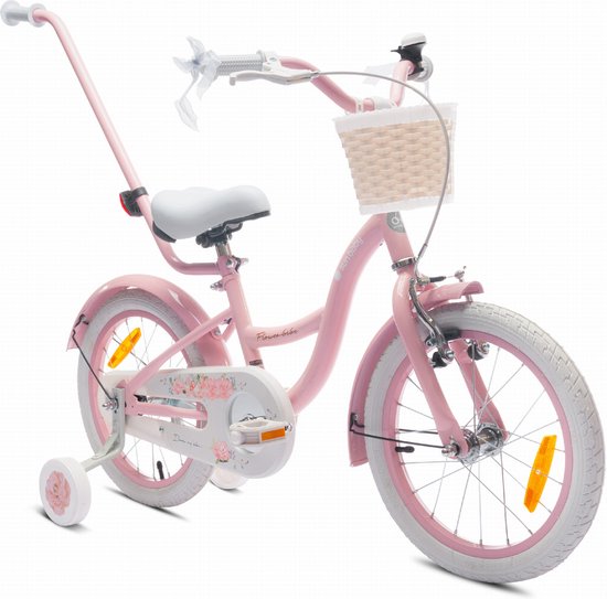 Flower Bike Fiets voor een meisje van 4 tot 6 jaar, 16 inch Roze, met fietsbel, zijwieltjes, duwstang en stuurmandje van Toimsa