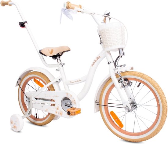 Flower Bike Fiets voor een meisje van 4 tot 6 jaar, 16 inch Wit Beig, met fietsbel, zijwieltjes, duwstang en stuurmandje van Popal