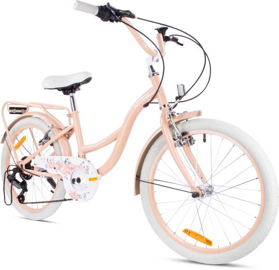 Flower Bike Fiets voor een meisje van 6 tot 10 jaar, 20 inch Abrikoos, 6 versnellingen Shimano, kinderfiets in hoogte verstelbaar van Flower Bike