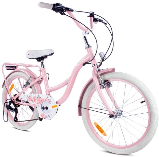 Flower Bike Fiets voor een meisje van 6 tot 10 jaar, 20 inch Roze, 6 versnellingen Shimano, kinderfiets in hoogte verstelbaar van Flower Bike