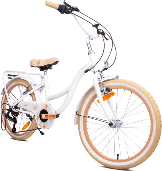 Flower Bike Fiets voor een meisje van 6 tot 10 jaar, 20 inch Wit Beige, 6 versnellingen Shimano, kinderfiets in hoogte verstelbaar van Popal