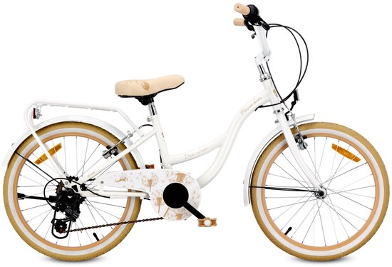 Flower Bike Fiets voor een meisje van 6 tot 10 jaar, 20 inch Wit Beige, 6 versnellingen Shimano, kinderfiets in hoogte verstelbaar van Flower Bike