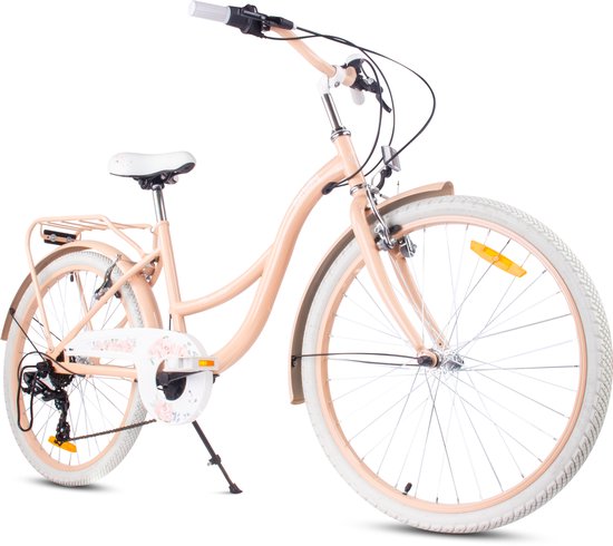 Flower Bike Kinderfiets 24 inch meisjes van 8 tot 12 jaar, Abrikoos, Fiets voor een meisje met 7 versnellingen, bagagedrager, metalen spatborden, V-brake, kettingkast van Flower Bike