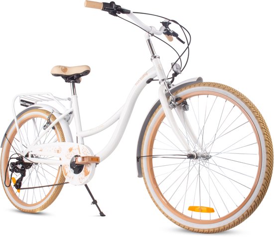Flower Bike Kinderfiets 24 inch meisjes van 8 tot 12 jaar, Beige en wit, Fiets voor een meisje met 7 versnellingen, bagagedrager, metalen spatborden, V-brake, kettingkast van Flower Bike