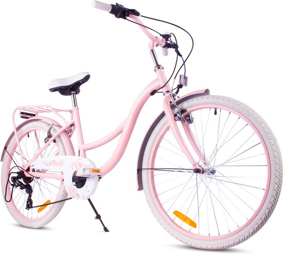 Flower Bike Kinderfiets 24 inch meisjes van 8 tot 12 jaar, Roze, Fiets voor een meisje met 7 versnellingen, bagagedrager, metalen spatborden, V-brake, kettingkast