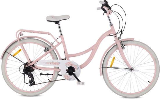 Flower Bike Kinderfiets 24 inch meisjes van 8 tot 12 jaar, Roze, Fiets voor een meisje met 7 versnellingen, bagagedrager, metalen spatborden, V-brake, kettingkast van Flower Bike